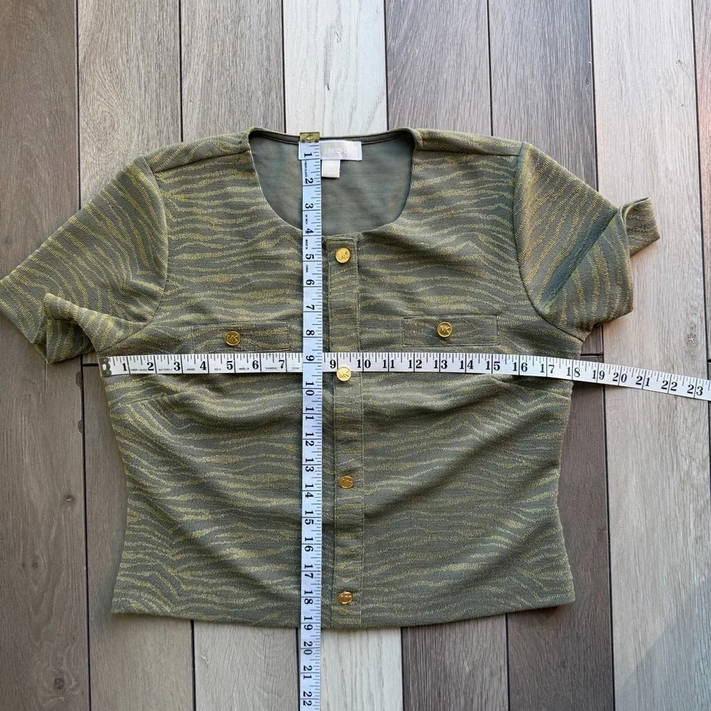 Michael Kors Womens Army Green Metallic Gold Zebra Top